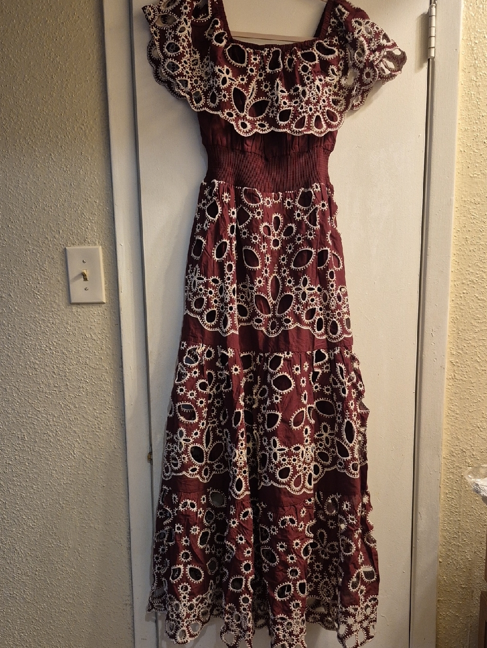 Solitaire Burgundy Maxi Dress with White Eyelet Lace